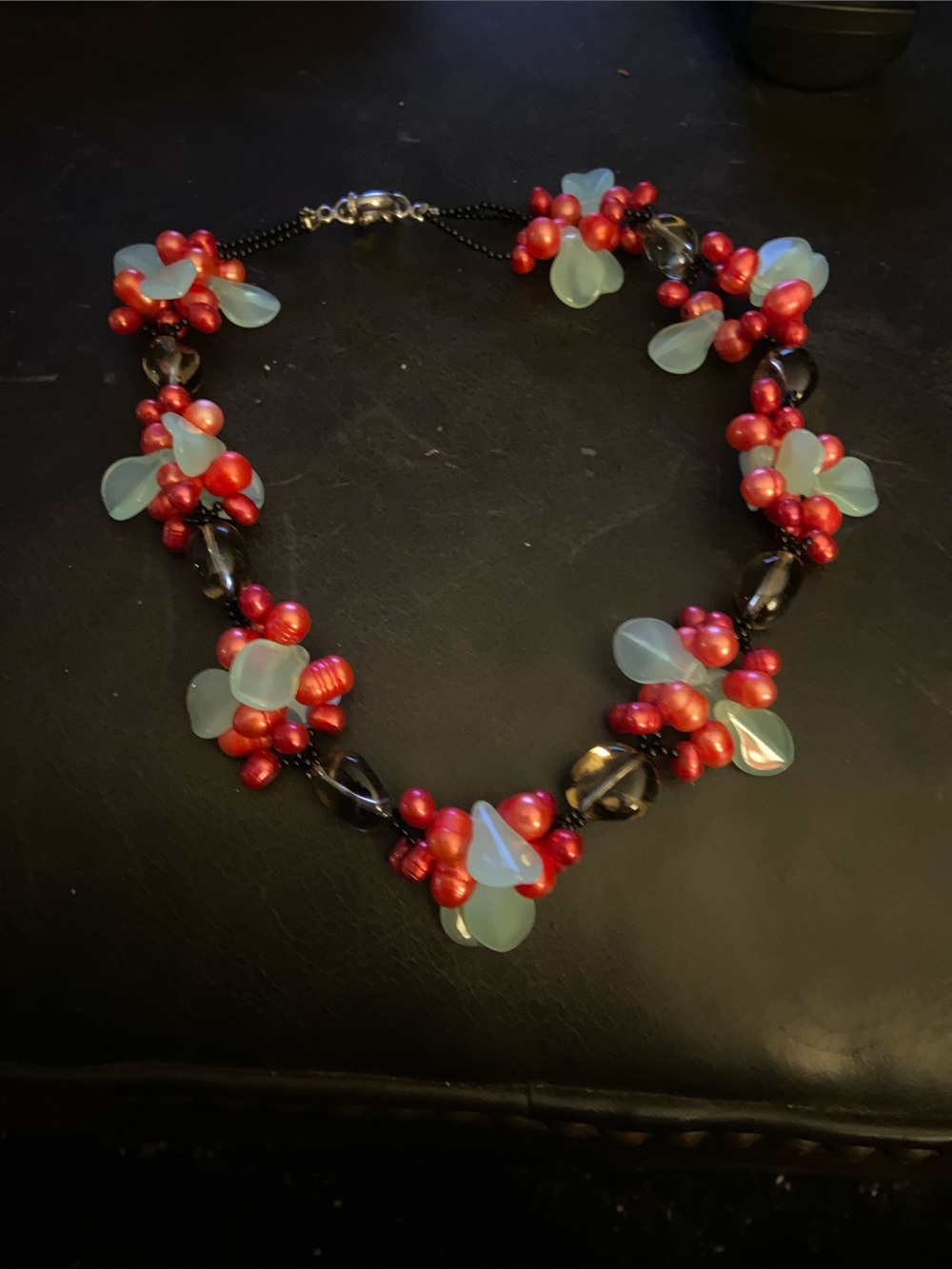 Source Unknown Red and Aqua Floral Bead Necklace